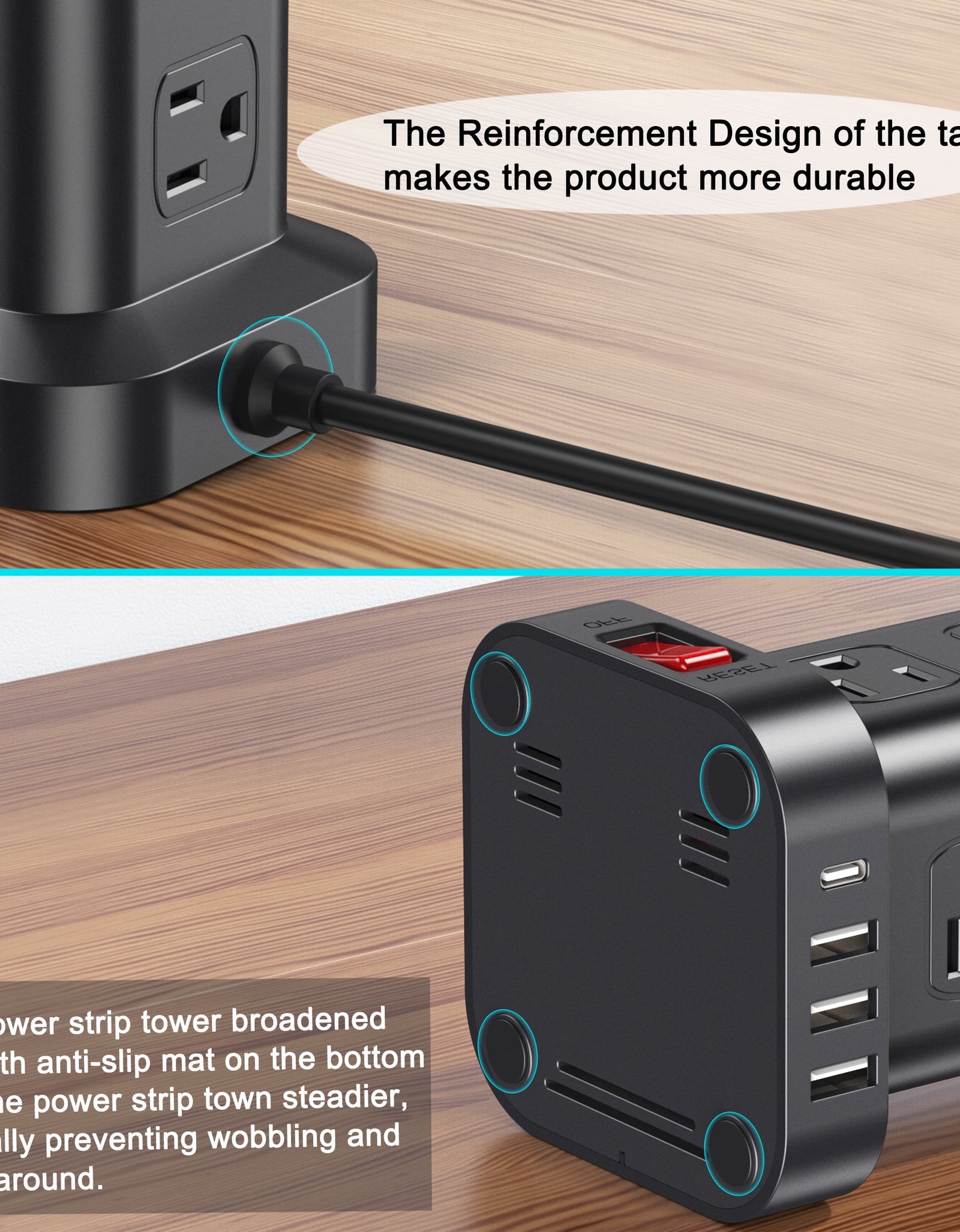 Power Strip Tower 12 Outlets with 4 USB Ports Surge Protector Electric Charging Station 6.5Ft Cord, Black