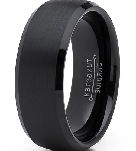 Mens Solid Black Tungsten Wedding Band Ring Dome 8Mm Comfort-Fit