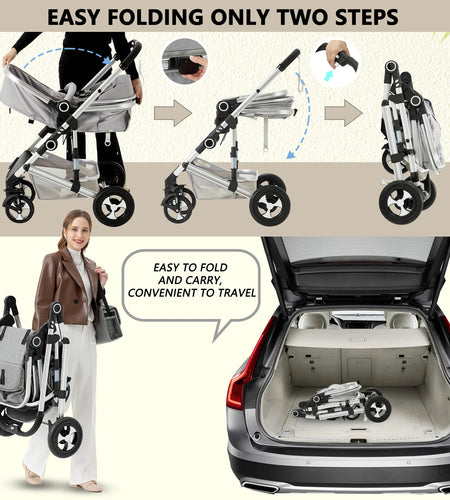 3-In-1 Convertible Baby Stroller with Big Seat and Adjustable Canopy, 24 Pound, Light Grey