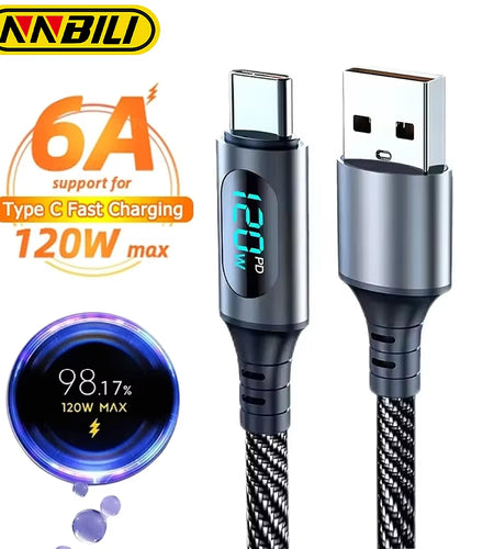 6A 120W USBA to Type C Super Fast Charge Cable Nylon Data Cord for Xiaomi POCO Samsung with Led Digital Display Cable