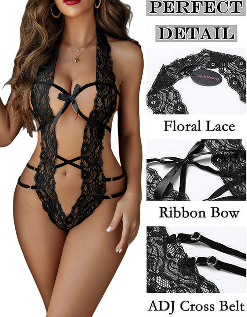 Load image into Gallery viewer, Women Lace Lingerie Deep V Bodysuit One Piece Underwear Black
