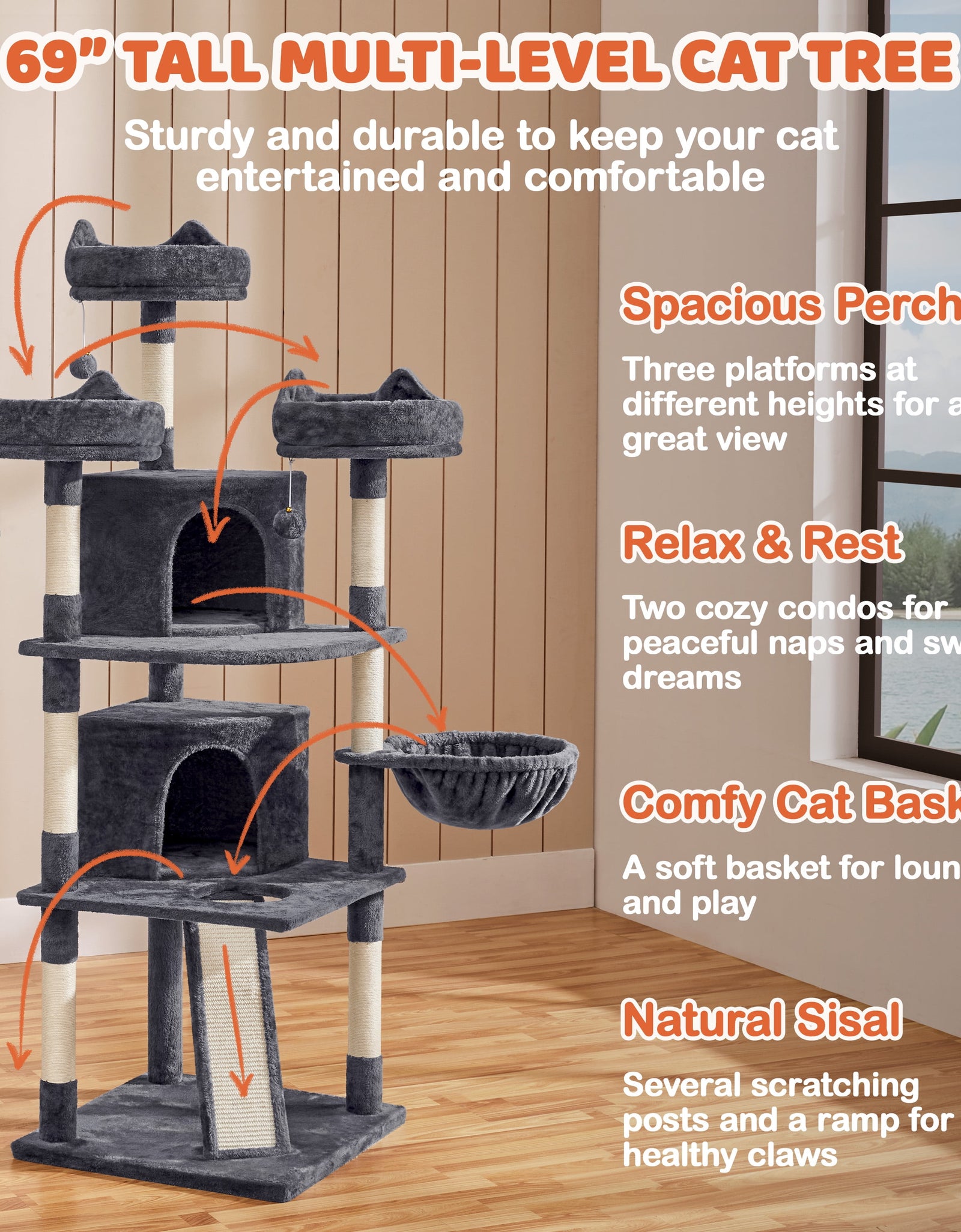 69In Large Cat Tree Tower with Condos & Scratching Board, Dark Gray