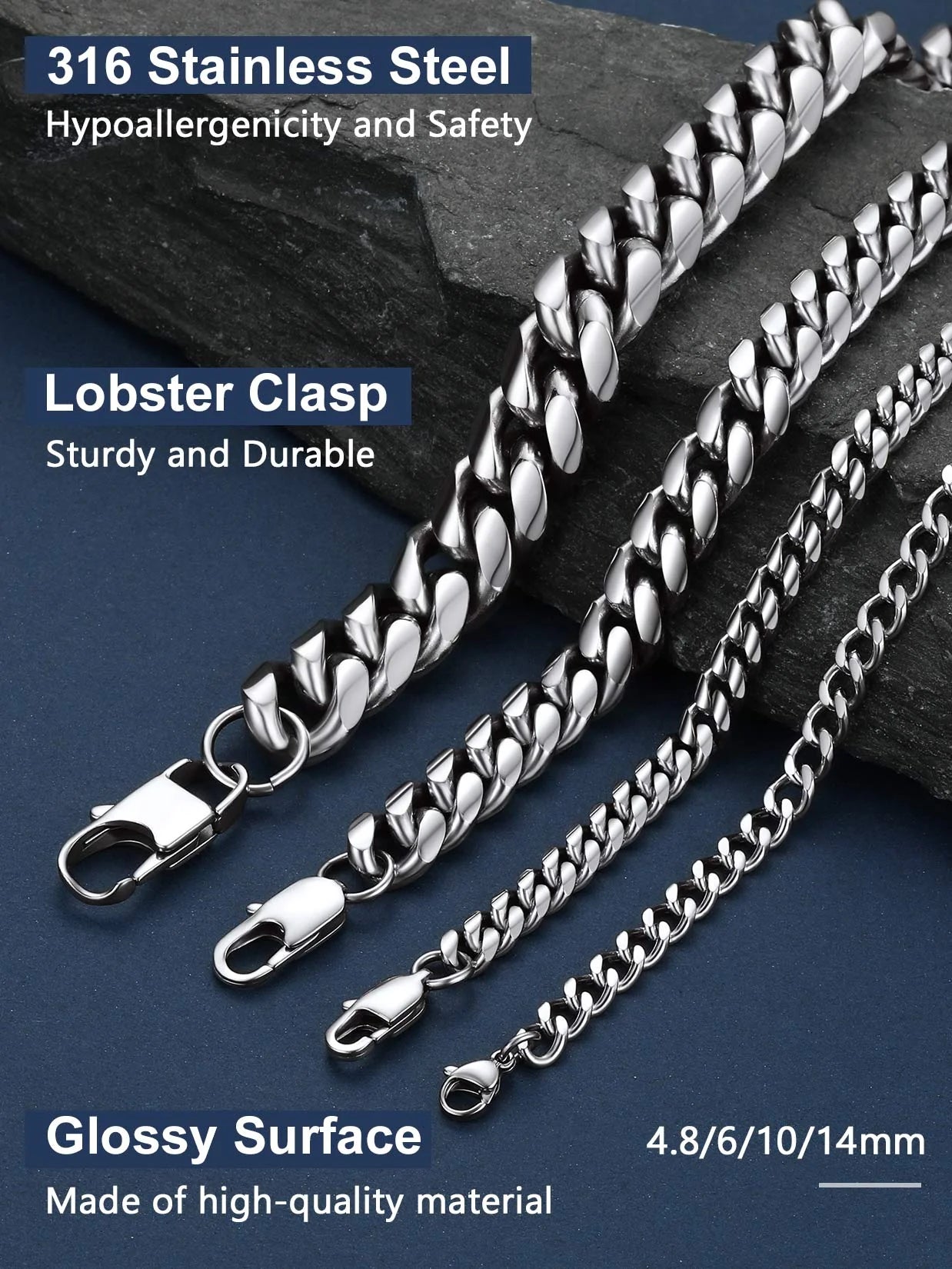 Hip Hop Men Necklaces Curb Cuban Chains 20Inch 10Mm Stainless Steel Chains Gift for Mens