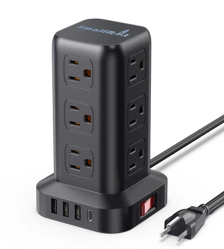 Power Strip Tower 12 Outlets with 4 USB Ports Surge Protector Electric Charging Station 6.5Ft Cord, Black